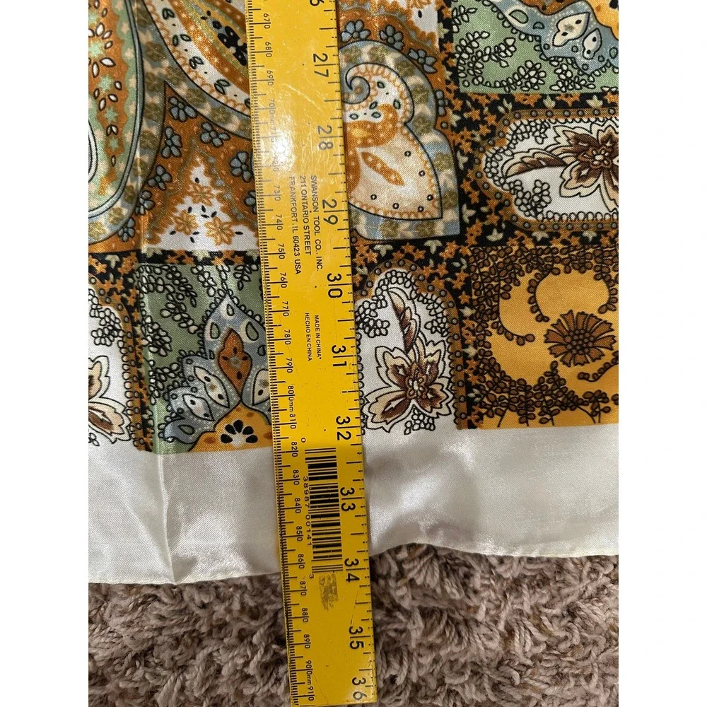 Vintage Paisley Floral Square Scarf Cream Gold Green Satin Silky Head Wrap 34in